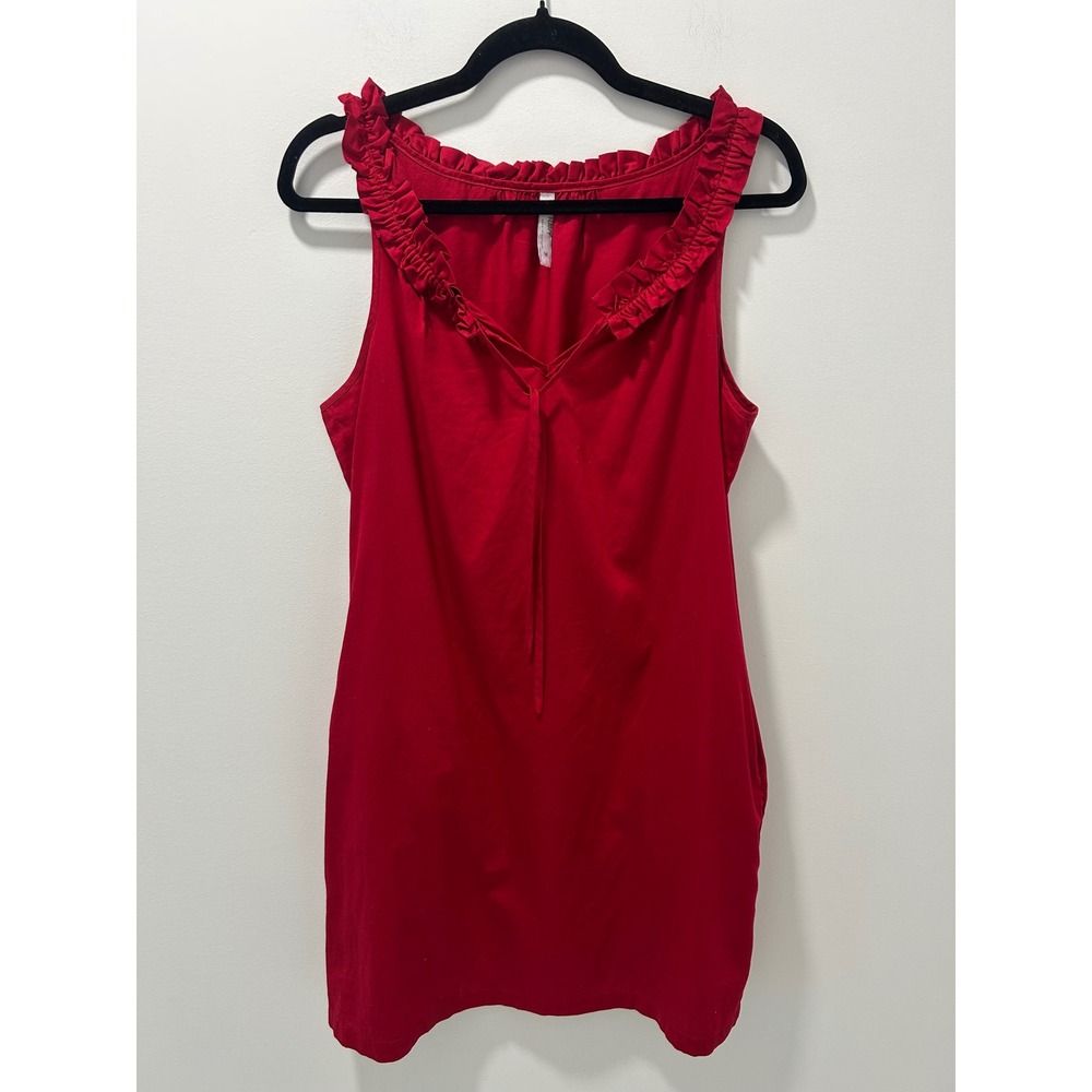 Old Navy Red Ruffled V-Neck Sleeveless Cotton Shift Dress with Pockets Medium